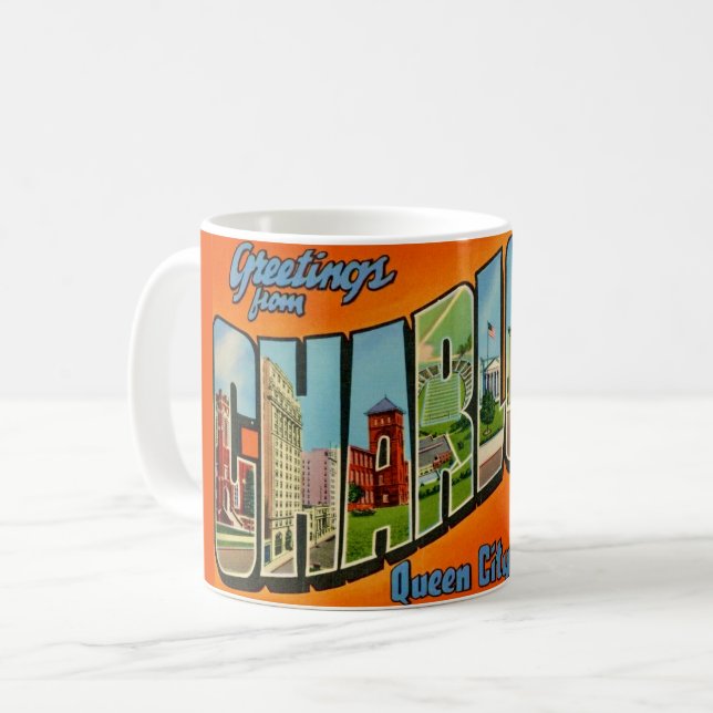 Caneca De Café Cartão postal retrô Charlotte NC (Frente Esquerda)