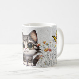 Caneca De Café Cartoon Adorável Tabby Cat, flores e borboletas