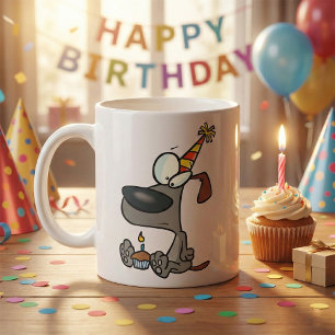 Caneca De Café Cartoon de Cachorro Triste de Aniversário com Bolo