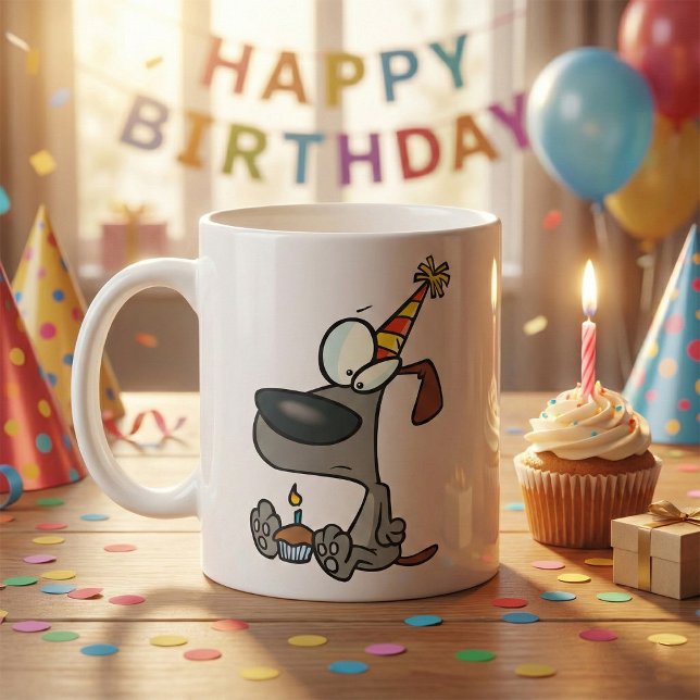 Caneca De Café Cartoon de Cachorro Triste de Aniversário com Bolo (Criador carregado)