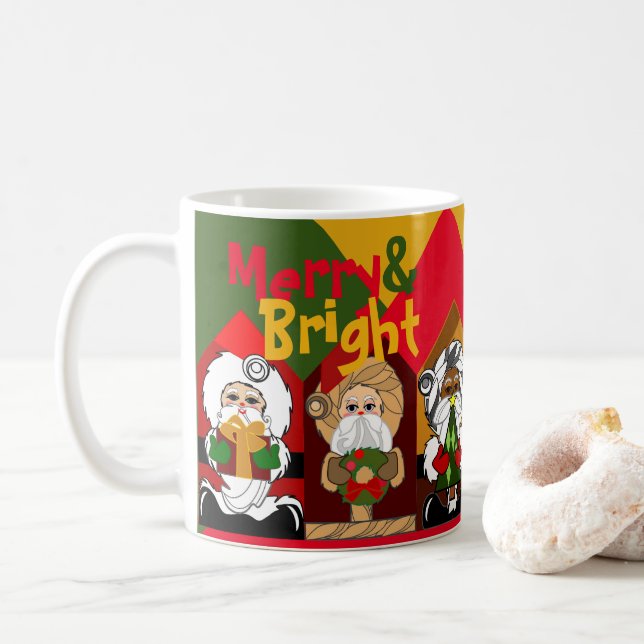 Caneca De Café Cartoon feliz e Brilho Santas Natal Geométrico (Com Donut)