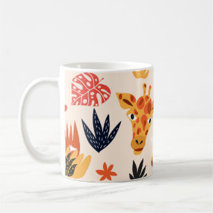 Caneca De Café Cartoon Girafa: Padrão Floral de Savana