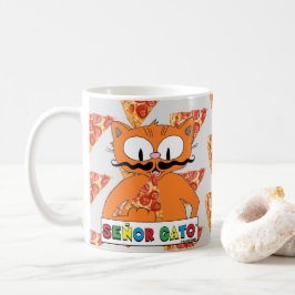 Caneca De Café Cartoon Mustache Cat Senor Gato Eating Pizza