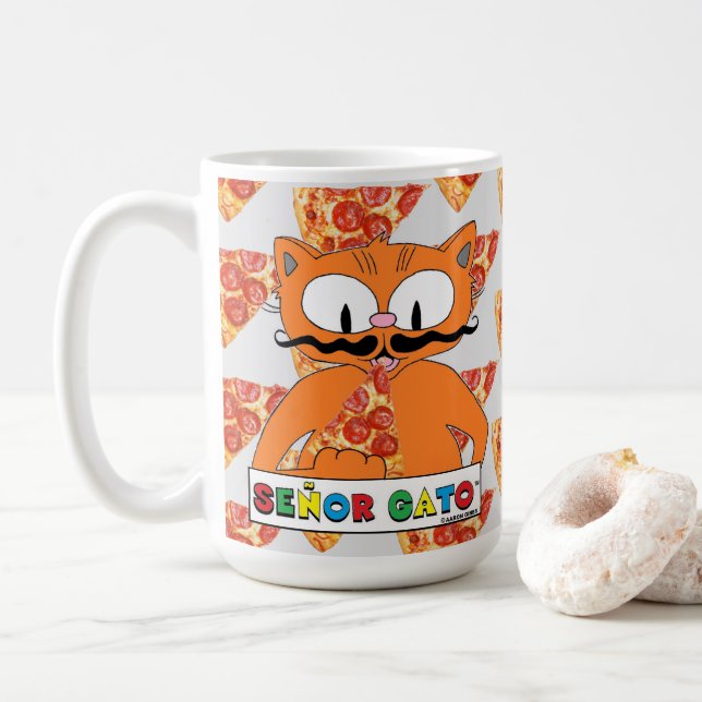 Caneca De Café Cartoon Mustache Gato Señor Gato Pizza Amplia (Com Donut)