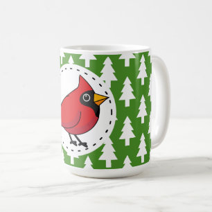Caneca De Café Cartoon Red Cardinal sobre Pinheiros Brancos Verde