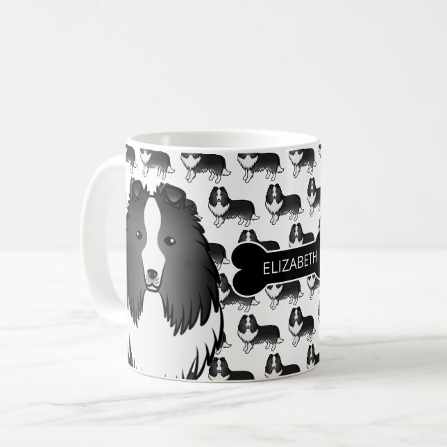 Caneca De Café Cartoon Sheltie Bi-Preto Com Osso De Cachorro & No (Frente Esquerda)