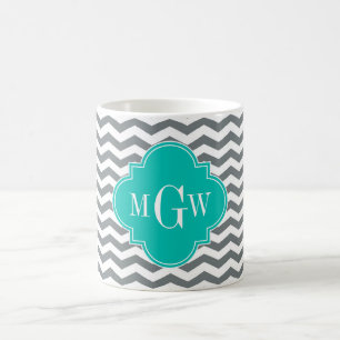 Caneca De Café Carvões Thin Chevron Teal Quatrefoil 3 Monograma