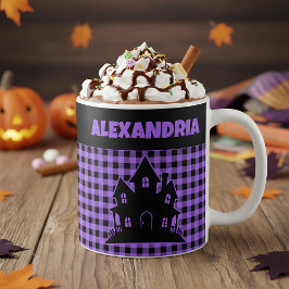 Caneca De Café Casa Assombrada de Halloween em Xadrez Roxo e Pret