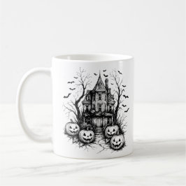 Caneca De Café Casa Assombrada Preto e Branco Halloween