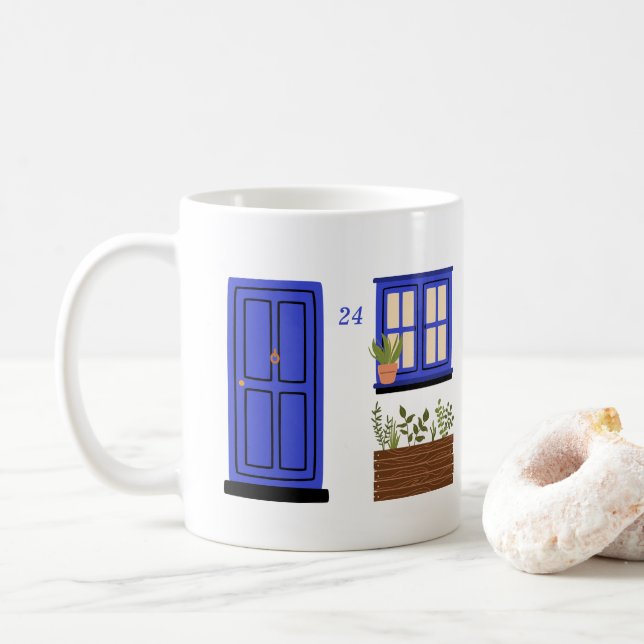 Caneca De Café Casa com Porta Azul com Cotação Personalizada (Com Donut)