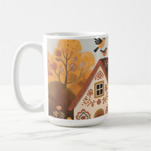 Caneca De Café Casa de Arte Popular de Outono com Pássaros