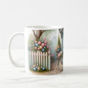 Caneca De Café Casa de Bicicleta Cottage Azul com Cesto de Flores