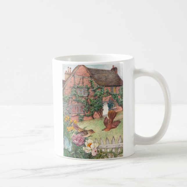 Caneca De Café Casa de campo ilustrada de Cotswolds com pássaro (Direita)