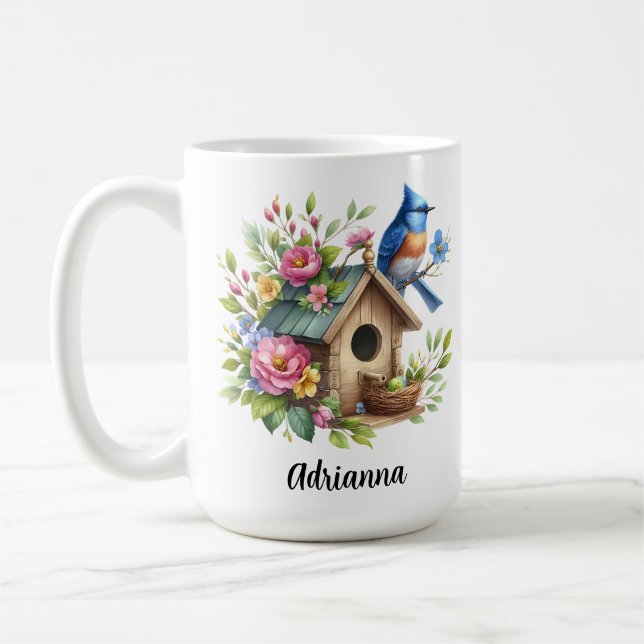 Caneca De Café Casa de passarinho Bluebird Flores Jardim Primaver (Esquerda)