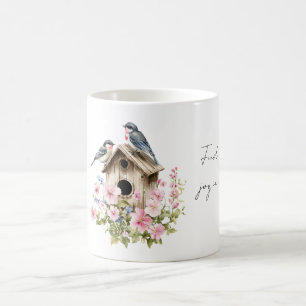 Caneca De Café Casa de Pássaros Azuis Alegria Floral Rosa