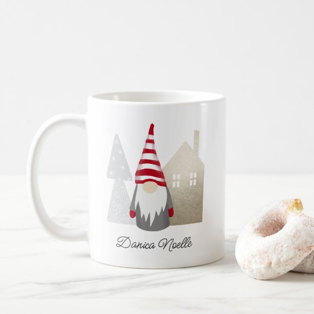 Caneca De Café Casa do Gnomo Vermelho e da Vila | Nome Natal (Com Donut)
