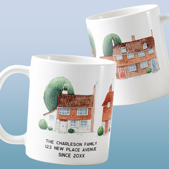 Caneca De Café Casa em Aquarela Personalizada Nova Casa (Traditional watercolor houses and cottages personalized custom text mug)