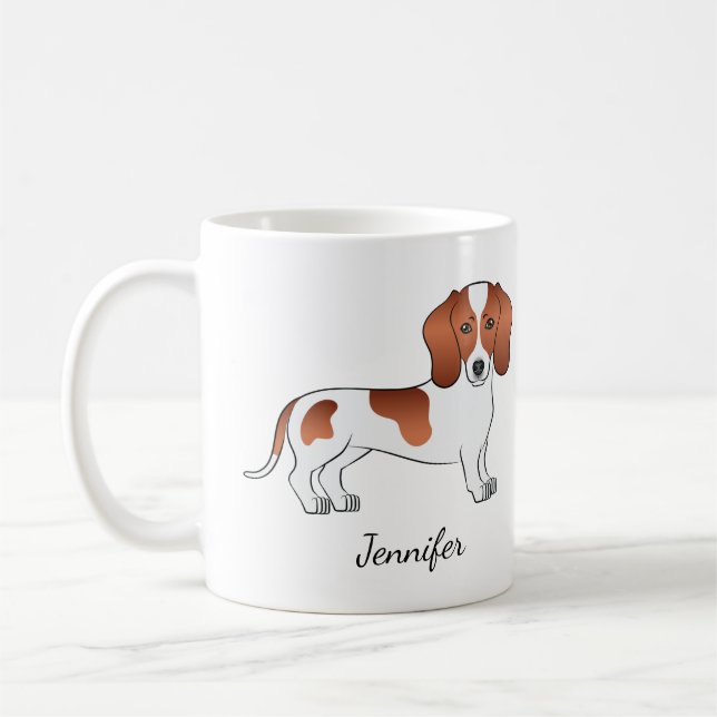 Caneca De Café Casaco Dachshund Cartoon Vermelho Suave Cão e Nome (Esquerda)
