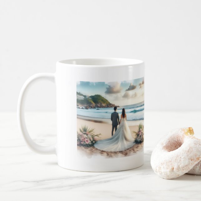 Caneca De Café Casais de Praia de Casamento (Com Donut)