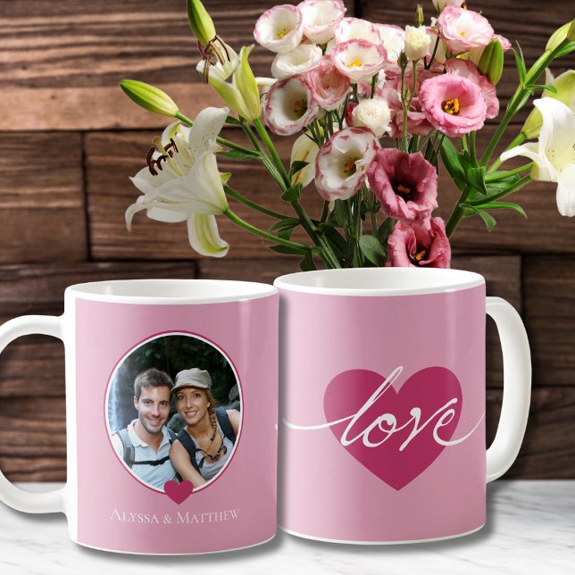 Caneca De Café CASAIS LOVE Mug de Fotografia (love couples photo mug for valentines day gift for wedding anniversary, pink hearts calligraphy)