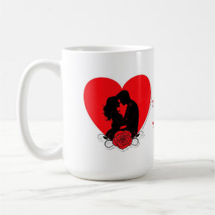 Caneca De Café Casal Abraçando no Coração Vermelho com Rosa Ornam