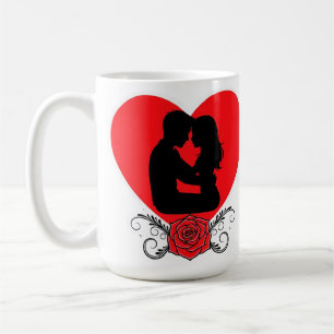 Caneca De Café Casal Abraçando no Coração Vermelho com Rosa Ornam