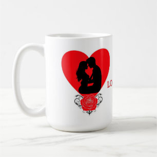 Caneca De Café Casal Abraçando-se em Coração Vermelho com Rosa Or