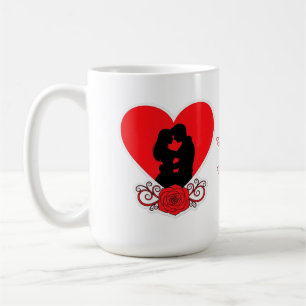Caneca De Café Casal Abraçando-se no Coração Vermelho com Rosa Or