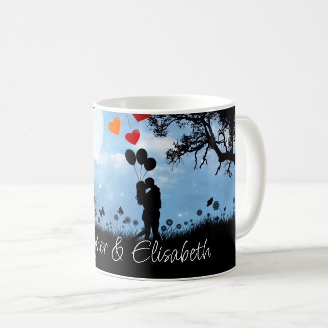 Caneca De Café Casal Beijando Lua Romântica Personalizado (Frente Esquerda)