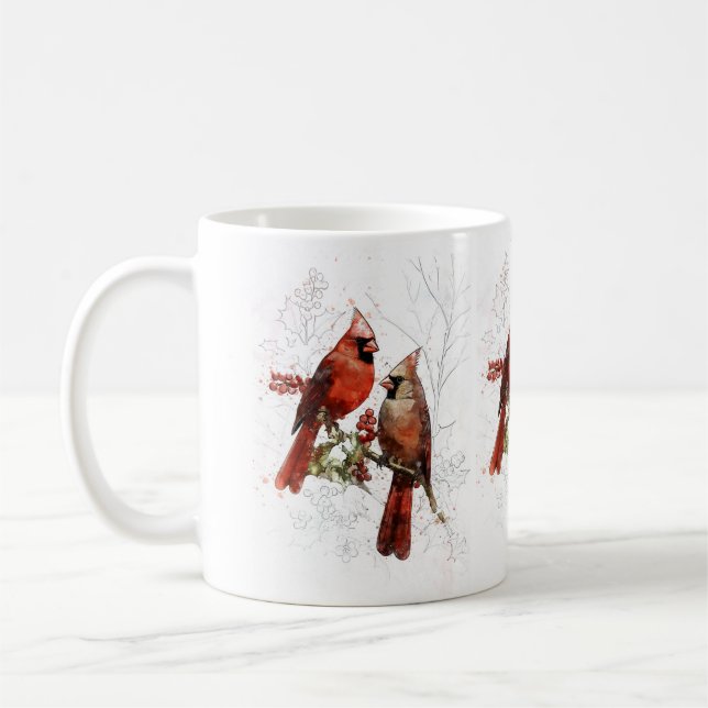 Caneca De Café Casal cardinal Tampão de aquarela pintada à mão (Esquerda)
