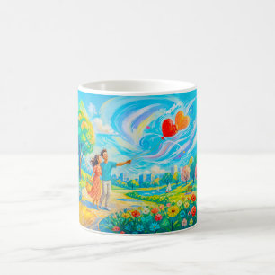 Caneca De Café Casal com balões em forma de coração em parque ven