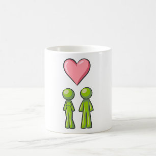 Caneca De Café Casal de Bonecos de Pau Verde Coração Rosa Amor