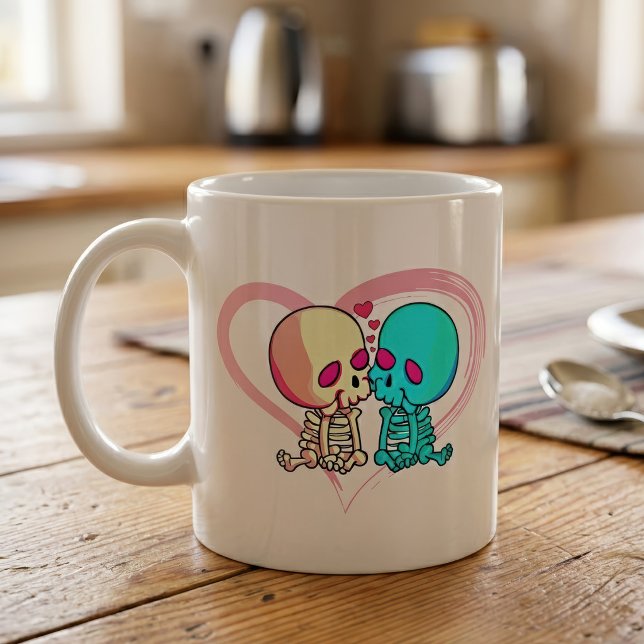Caneca De Café Casal de Esqueletos Românticos Beijando em Coração (Romantic Skeleton Couple Kissing in Pink Heart. Coffee Mug)