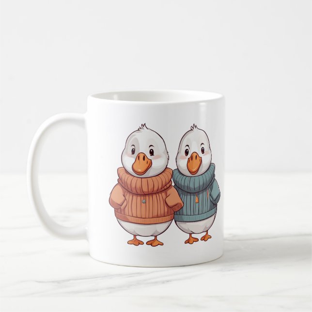Caneca De Café Casal de Patos Gansos Frescos, Suéter e Caricatura (Esquerda)