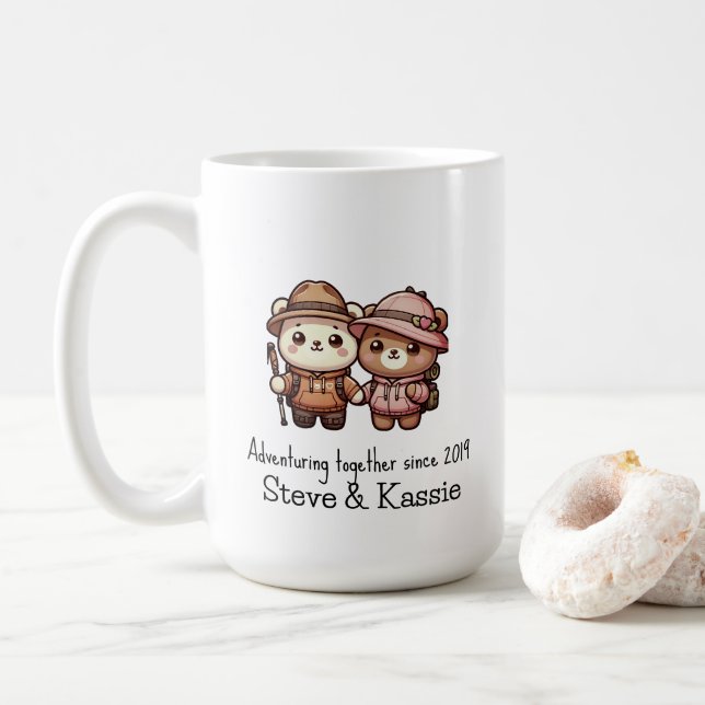 Caneca De Café Casal de Urso Kawaii Bonito Adventurando Juntos (Com Donut)