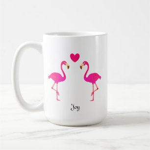 Caneca De Café Casal flamingo bonito, coração e caligrafia