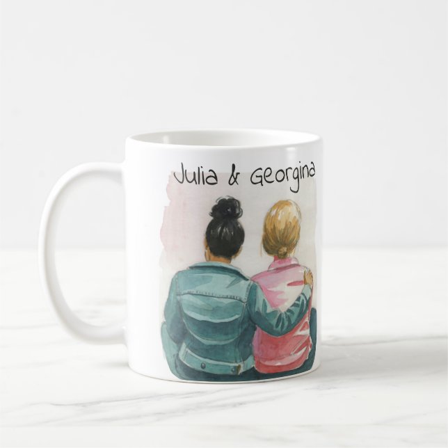 Caneca De Café Casal Lésbica de Aquarela Personalizado (Esquerda)