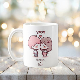 Caneca De Café Casal personalizado de beijos de estilo chibi