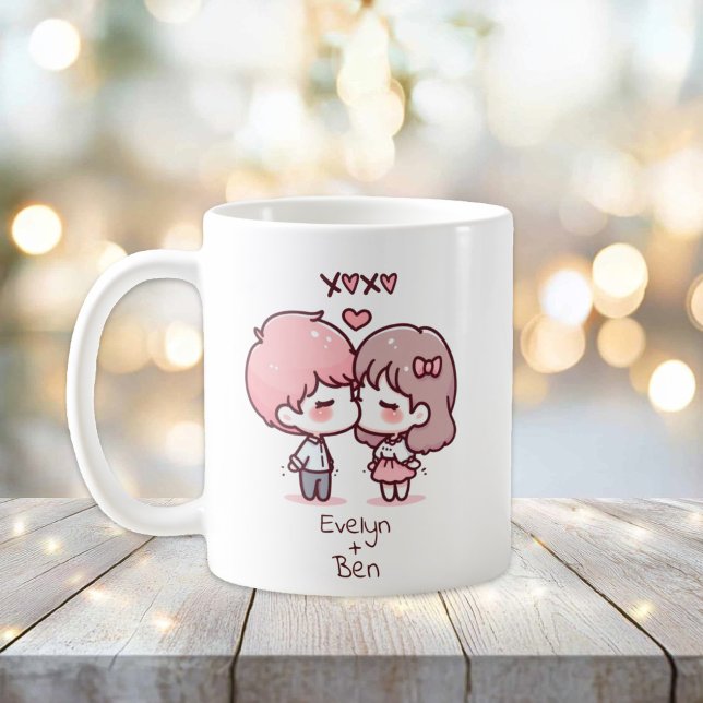 Caneca De Café Casal personalizado de beijos de estilo chibi (Personalized Chibi-Style Kissing Couple Mug)