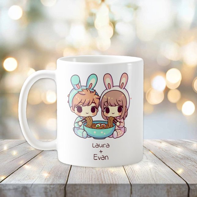 Caneca De Café Casal personalizado de Chibi-Style Ramen (Personalized Chibi-Style Ramen Couple Mug)