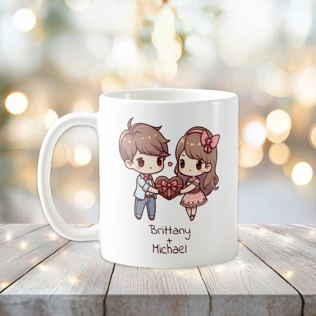 Caneca De Café Casal personalizado de Namorados Chibi-Style (Cute Personalized Chibi-style Valentine Couple mug)