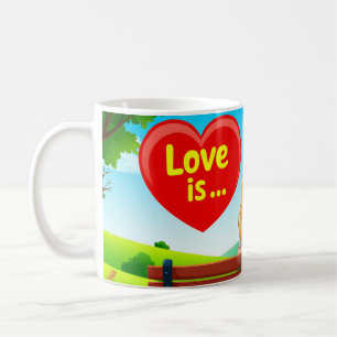 Caneca De Café Casal Sentado em um Banco com Título de Amor