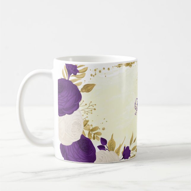 Caneca De Café casamento botânico real de flores brancas roxas (Esquerda)