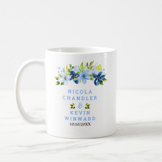 Caneca De Café Casamento com Flores Azuis e Navy com Folhagem (Esquerda)