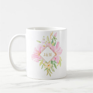 Caneca De Café Casamento Cor de Água Pinta-Rosa Elegante Monogra