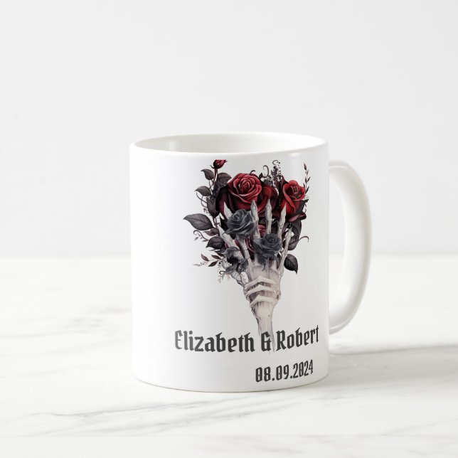 Caneca De Café Casamento de Esqueleto de Rosas vermelhas Góticas (Frente Esquerda)