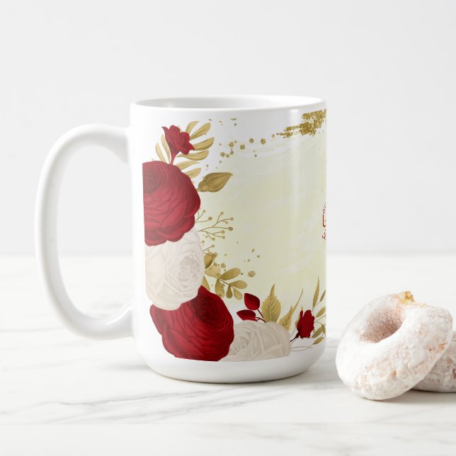 Caneca De Café Casamento de flores brancas e vermelhas escuras ro (Com Donut)