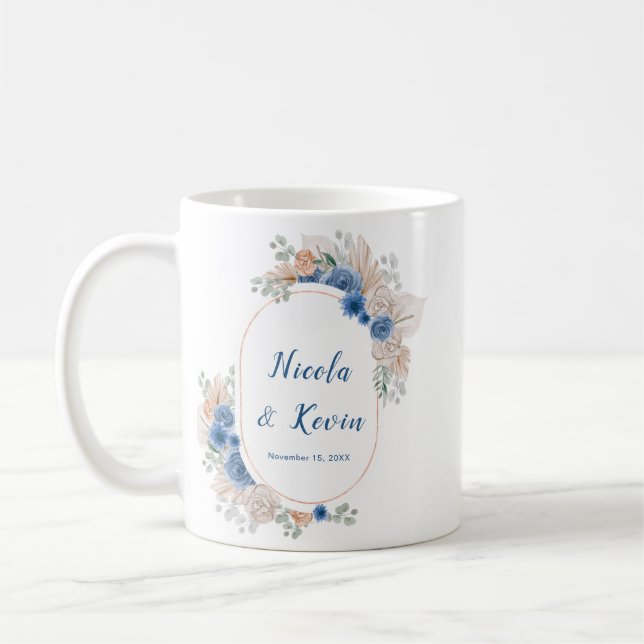 Caneca De Café Casamento de Grama de Pampas Azul Boho (Esquerda)