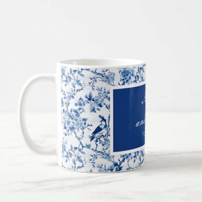 Caneca De Café Casamento de Pássaros e Flores Azul Chinoiserie (Esquerda)