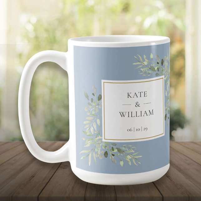 Caneca De Café Casamento Elegante com Aguarela Azul Poeira e Verd (Dusty Blue Elegant Watercolor Greenery Wedding Coffee Mug)